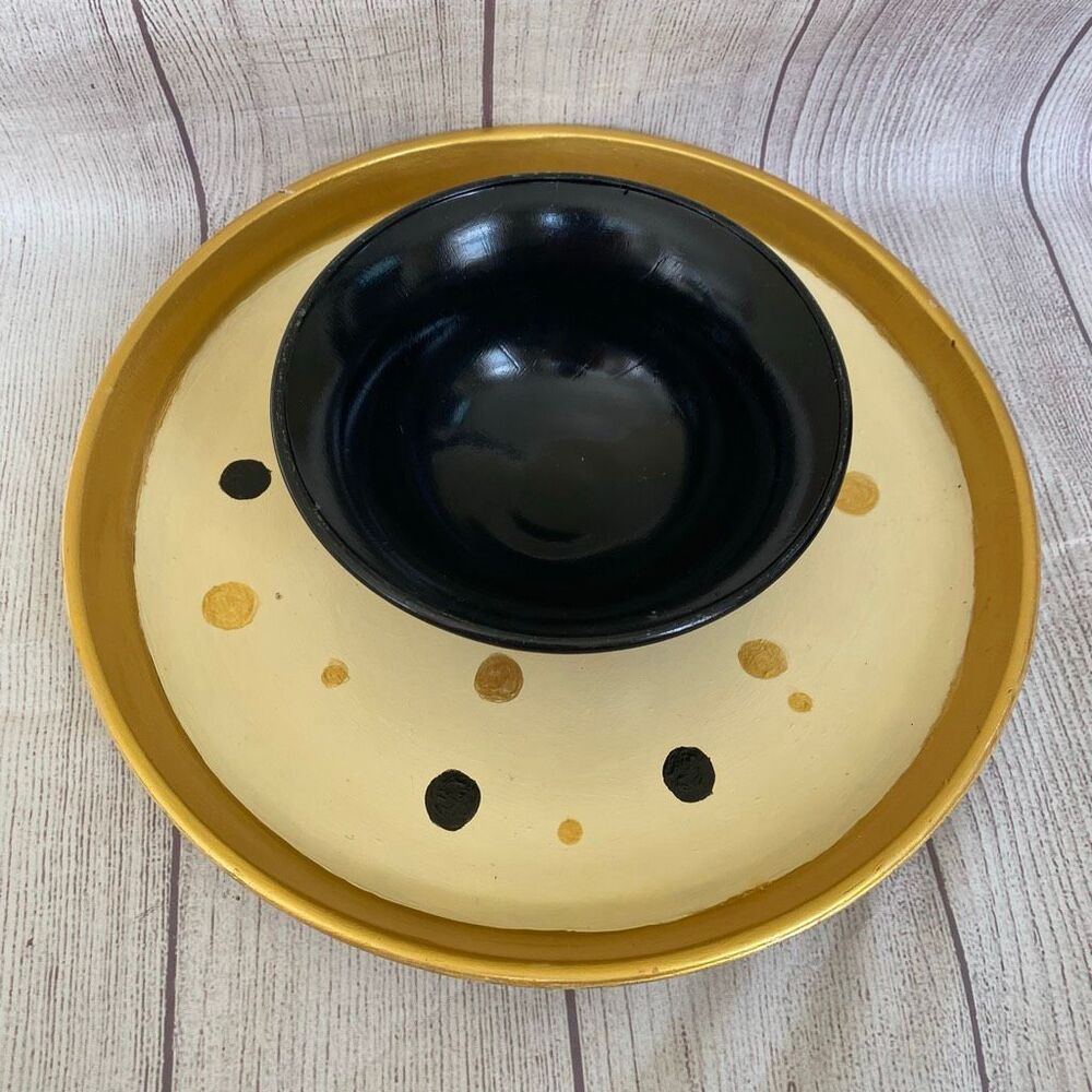 Bowl & 12” polka dot platter combo black gold and cream color